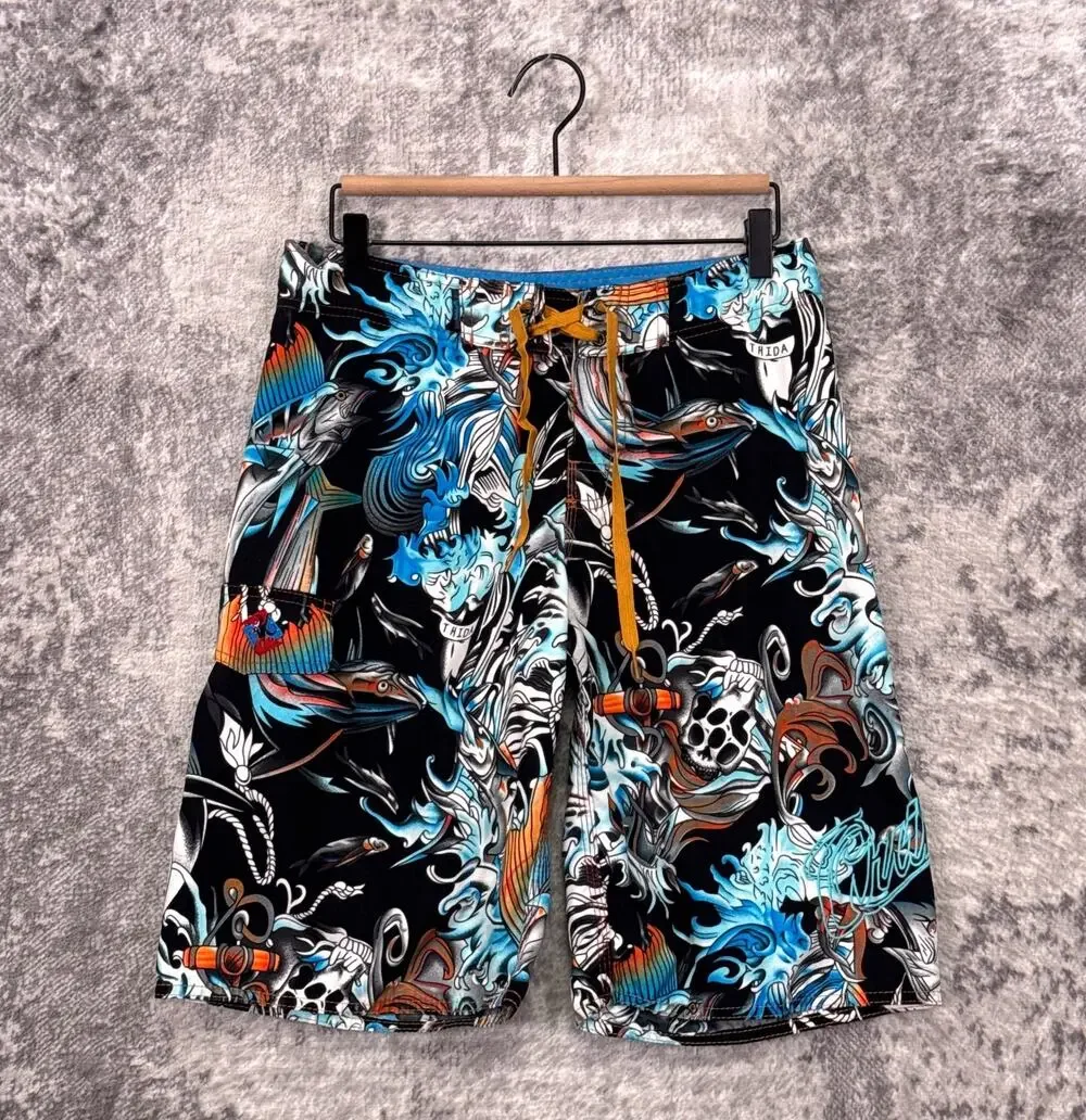 Vintage Quicksilver Y2K Board Shorts 30 Mens American Traditional Tattoo Swim